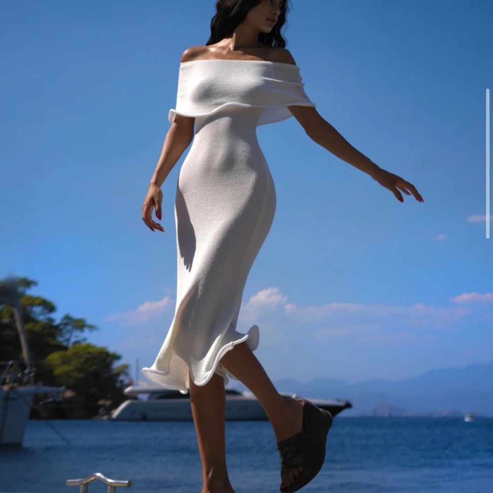 Meshki White Off-Shoulder Midi Dress